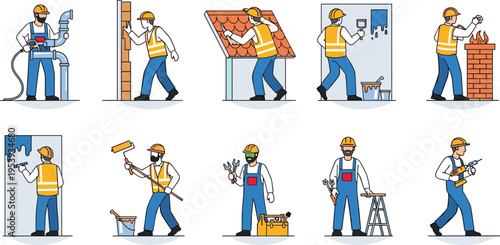 Construction Workers Set Performing Building Painting Masonry and Repair Work Vector Illustration