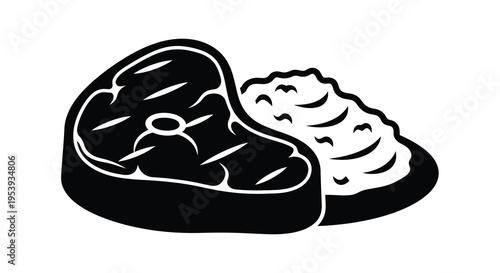 A black and white illustration depicts a raw steak alongside a pile of mashed potatoes