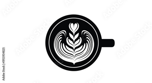 Top view of a coffee cup with latte art black silhouette