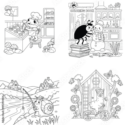 Cute cartoon mouse cooking in a kitchen, line art, black and white