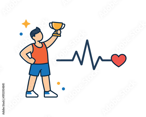 Personal achievement mindset and celebrating milestones in active sports or wellness journeys centered on growth and self confidence, a flat abstract character lifting a small