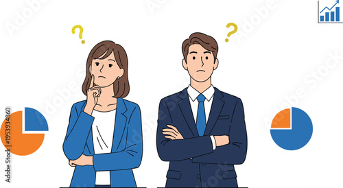 Confused Business Man and Woman Thinking About Data Charts Business Analysis Vector Illustration