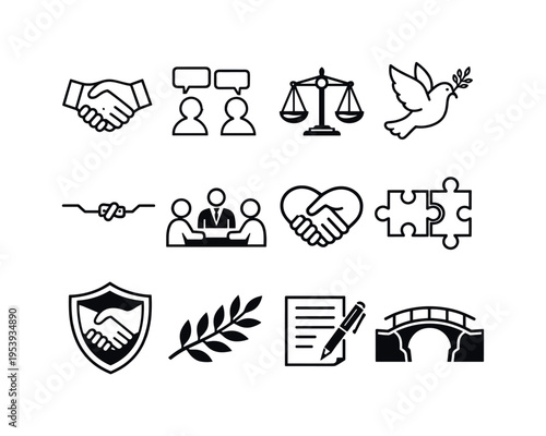 Conflict resolution and mediation: handshake agreement, two people with speech bubbles, balance scale, peace dove, broken line repaired, mediator between two people, heart