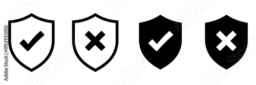 Shield Icon with Checkmark and Cross Showing Internet Protection Security Symbol Vector Illustration