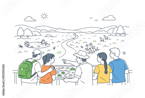 Environmental awareness and landscape appreciation scene where people stand at a viewpoint studying an aerial meadow ecosystem together, a broad grassy field and a narrow walking