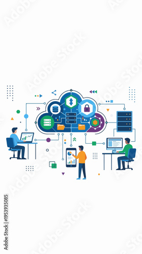 Cloud computing system with servers security and users illustration
