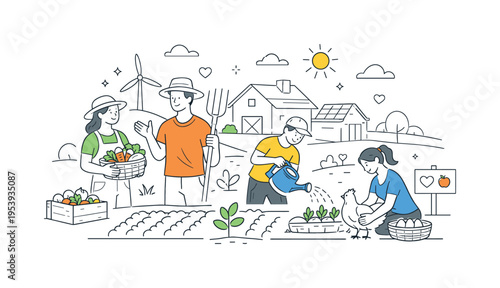 Agricultural sustainability and local community concept where villagers engage in farming and support local resources, featuring a farmhouse and cultivated land as a minimal visual