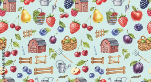Watercolor Farm Fruits Seamless Pattern, Rustic Orchard Harvest with Barn Berries and Garden Tools Background