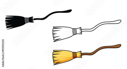 Three variations of a broom depicted in different styles silhouette