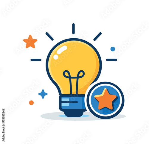 Entrepreneurial creativity and breakthrough thinking highlighting the moment when a new concept emerges and inspires action, a simple light bulb paired with a small star badge