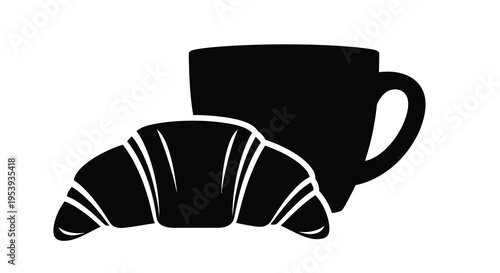 A simple black and white illustration depicts a coffee cup alongside a delicious croissant