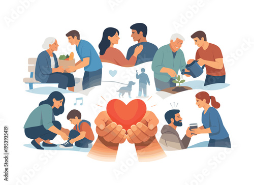 A community focused scenario where individuals engage in small acts of kindness that contribute to stronger social bonds and shared wellbeing, emphasizing everyday generosity and