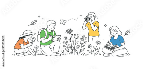 A countryside botanical exploration scene where people admire and document wildflowers growing naturally across open fields, expressed through a simple visual metaphor of sketched
