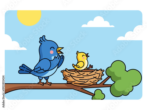 Cute blue bird teaching its baby bird in a nest on a tree branch.