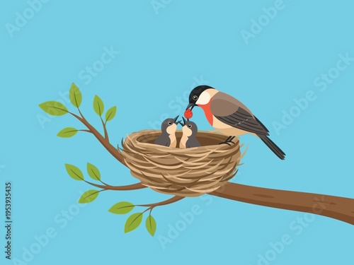 Bird feeding its chicks in a nest on a tree branch.