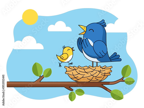 Two Birds Singing Joyfully on a Tree Branch Nest.