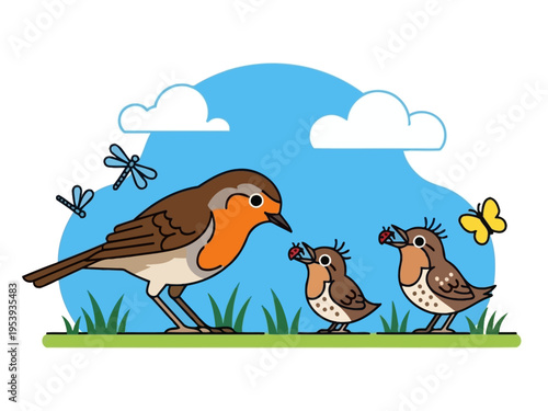 Robin bird feeding its chicks in a grassy field with dragonflies and a butterfly.