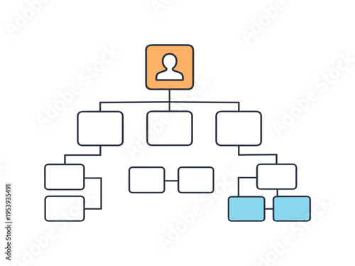 Corporate organization and structured team management across departments, a simple hierarchical chart made of connected squares with a highlighted top node symbolizing leadership