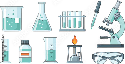 Chemistry Lab Equipment Vector Set Featuring Beakers Flasks Test Tubes Microscope Pipette Burner Safety Goggles and Measurement Tools for Science Education Design