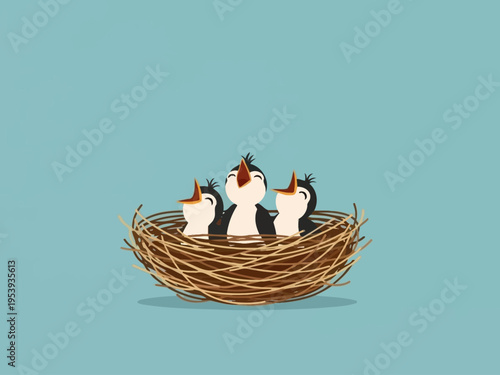 Three baby birds eagerly waiting for food in a nest.