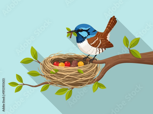 A small bird with blue and brown feathers is bringing food to its nest.