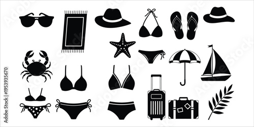 Beach vacation icons and summer symbols