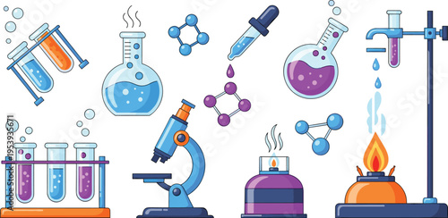 Chemistry Laboratory Experiment Illustration Set Featuring Test Tubes Beakers Molecules Microscope Burner Pipette and Scientific Equipment for Education and Research Design