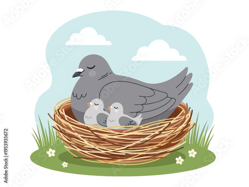 Mother bird protecting her chicks in a nest.