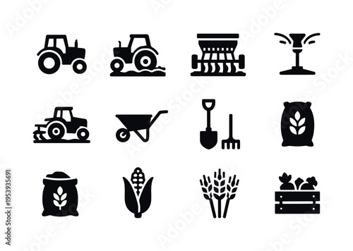 Agriculture machinery and tools: field tractor, tractor plowing field, seed drill machine, irrigation sprinkler, crop sprayer machine, wheelbarrow, shovel spade, rake tool, sack of