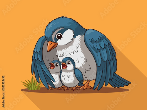 A mother bird protecting her two young chicks under her wings.