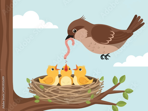 Mother bird feeding her hungry baby birds in a nest.