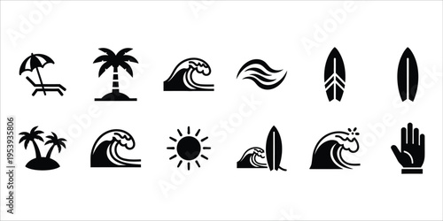 Surfing and beach icons set