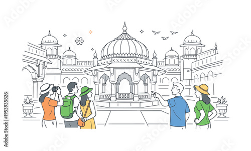 Cultural heritage exploration scene where visitors admire historic Indian palace architecture while walking through a grand courtyard and observing intricate design details, an