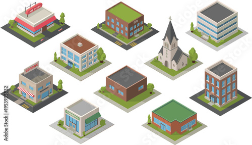 isometric buildings collection illustration, urban city structures set, residential commercial architecture, modern real estate design, vector icons bundle concept