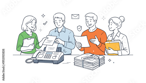 Secure document exchange and official paperwork handling in a professional office where employees coordinate around a retro fax machine actively sending pages, the fax device and a