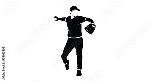 A striking black silhouette depicts a baseball pitcher in the midst of a throwing motion