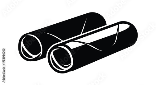 A black and white illustration depicts two cylindrical paper rolls possibly toilet paper or blueprints