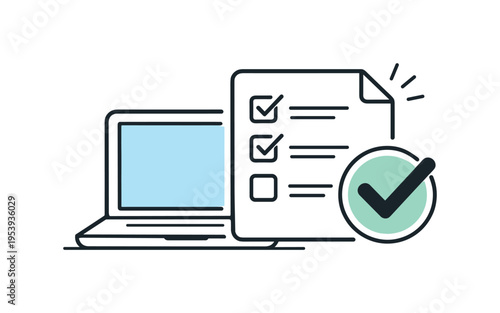 Remote work and business organization concept representing efficient digital task tracking and goal achievement, a minimal scene with a laptop and a checklist sheet icon with a
