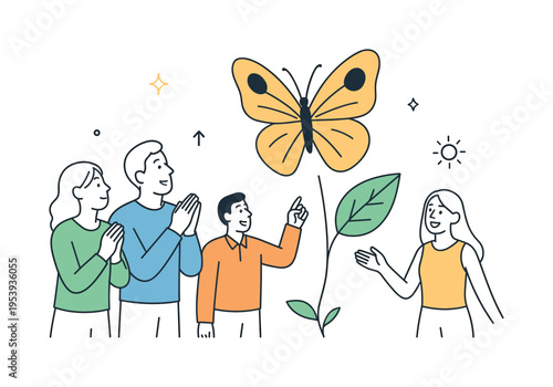 Personal growth and transformation concept where a small group of people stands near a large butterfly emerging above a single leaf, using the butterfly and leaf as a symbolic