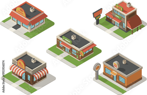 isometric fast food restaurant set illustration, modern cafe storefront collection, commercial retail buildings, urban business architecture, real estate vector