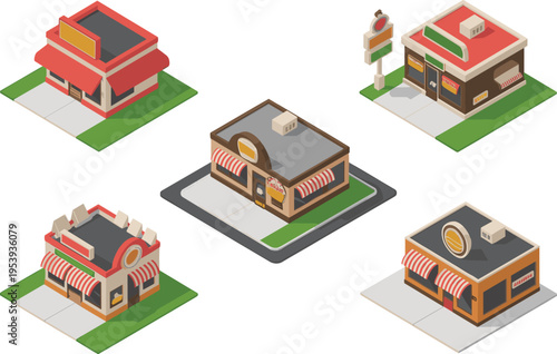 isometric fast food buildings set illustration, modern restaurant storefront collection, commercial retail architecture, urban business design, real estate vector
