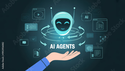 Multi AI agents concept with virtual chatbot icons and automation workflow, representing intelligent systems collaboration, generative artificial intelligence and digital business transformation.