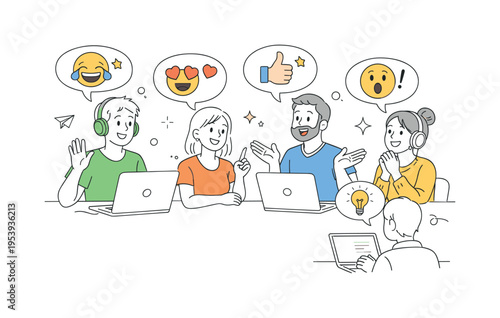 A lighthearted digital expression moment where a team shares reactions and communicates feelings visually while collaborating online in a positive environment, visual metaphor of