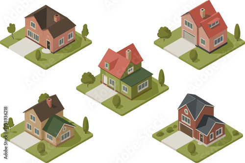isometric houses collection illustration, suburban residential homes set, modern family properties, architecture design, real estate exterior vector buildings