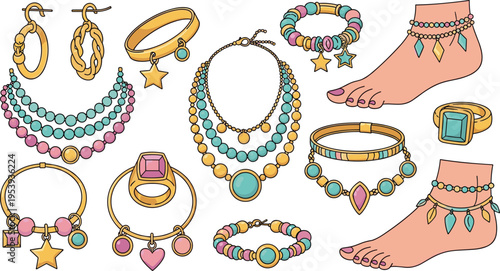 Colorful Jewelry Collection Icon Set Featuring Beaded Necklaces Bracelets Rings Earrings Anklets and Decorative Fashion Accessories Vector Illustration