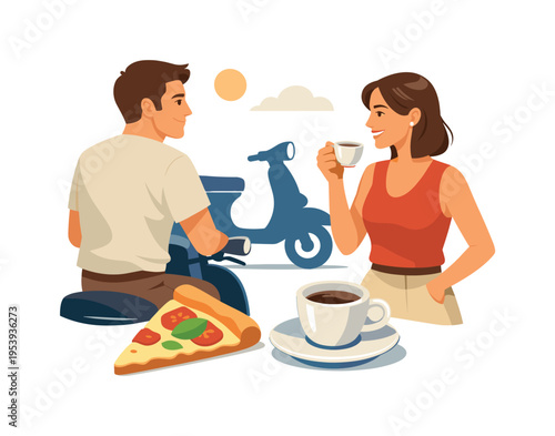 Italian lifestyle and everyday cultural moments presented as a balanced visual collage scene, a simplified composition combining a small espresso cup, a classic Vespa style scooter