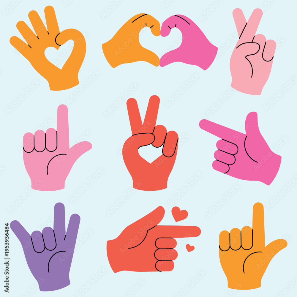 Obraz premium Colorful hand gestures and symbols representing love peace and positivity