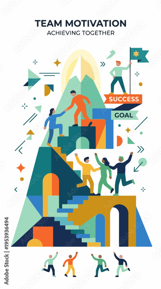 Obraz premium Team motivation illustration with people climbing steps to success and goal flag