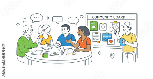 Community group collaboration scene where neighbors gather in a shared public space to discuss ideas and plan local activities together, a central round table and a community