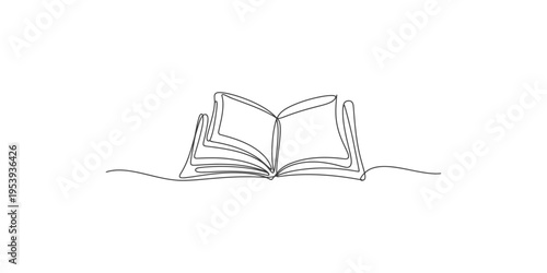 A minimalist line drawing of an open book on a plain background illustration reading education